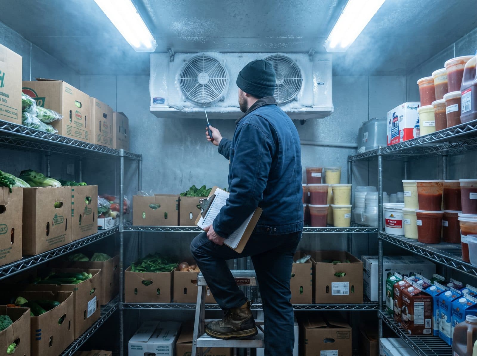 Refrigeration technician on a step stool servicing the ceiling evaporator inside a stocked restaurant walk-in cooler