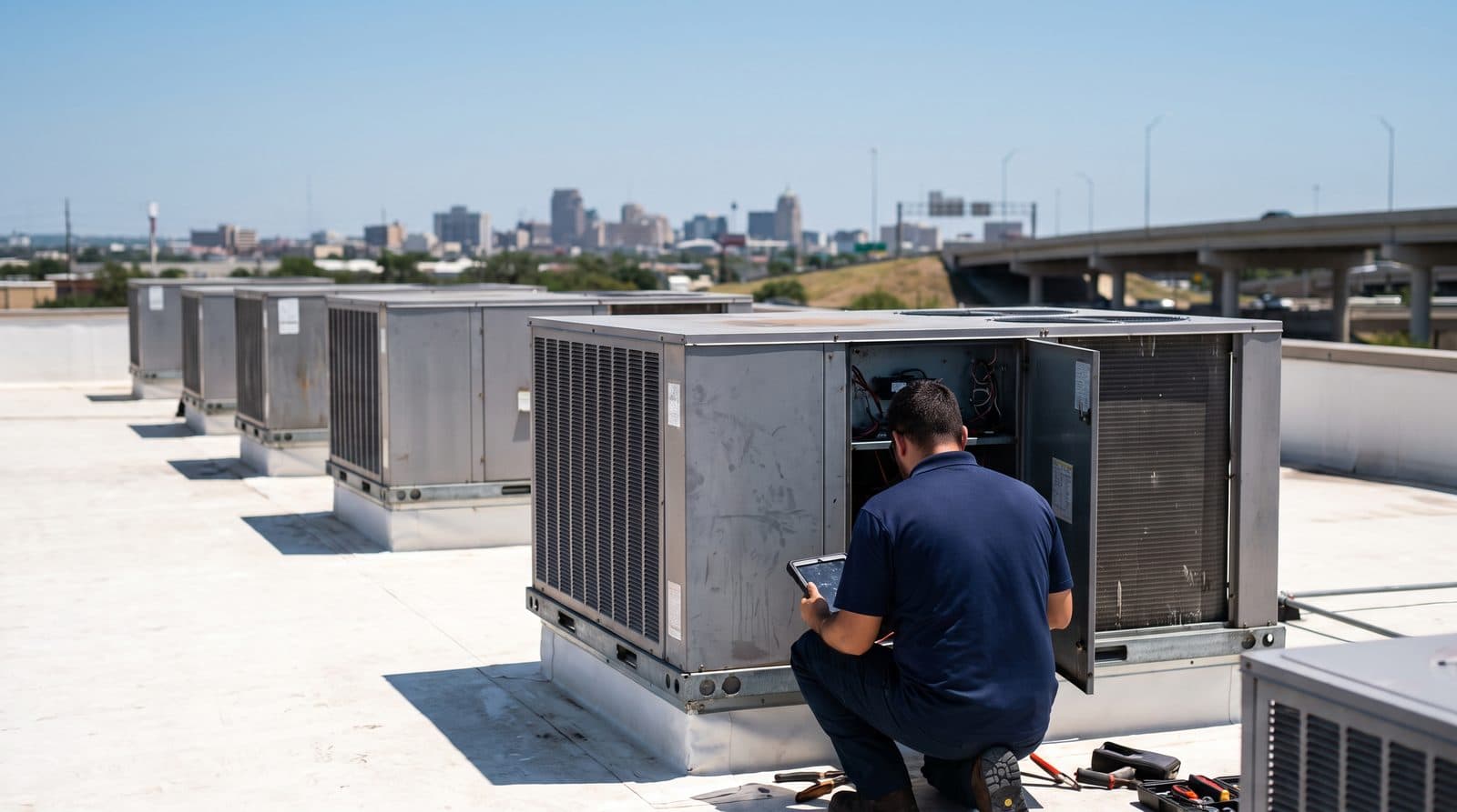 Technician at an open rooftop package unit on a commercial roof with the San Antonio skyline behind