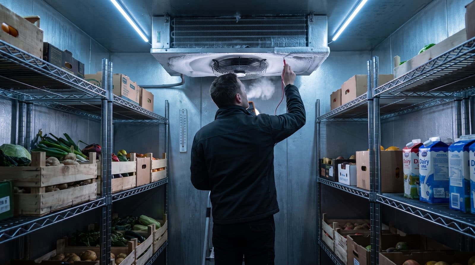 Technician testing the evaporator fan inside a stocked restaurant walk-in cooler