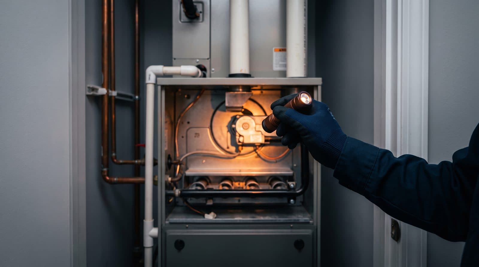 Technician checking a gas furnace burner compartment with a flashlight