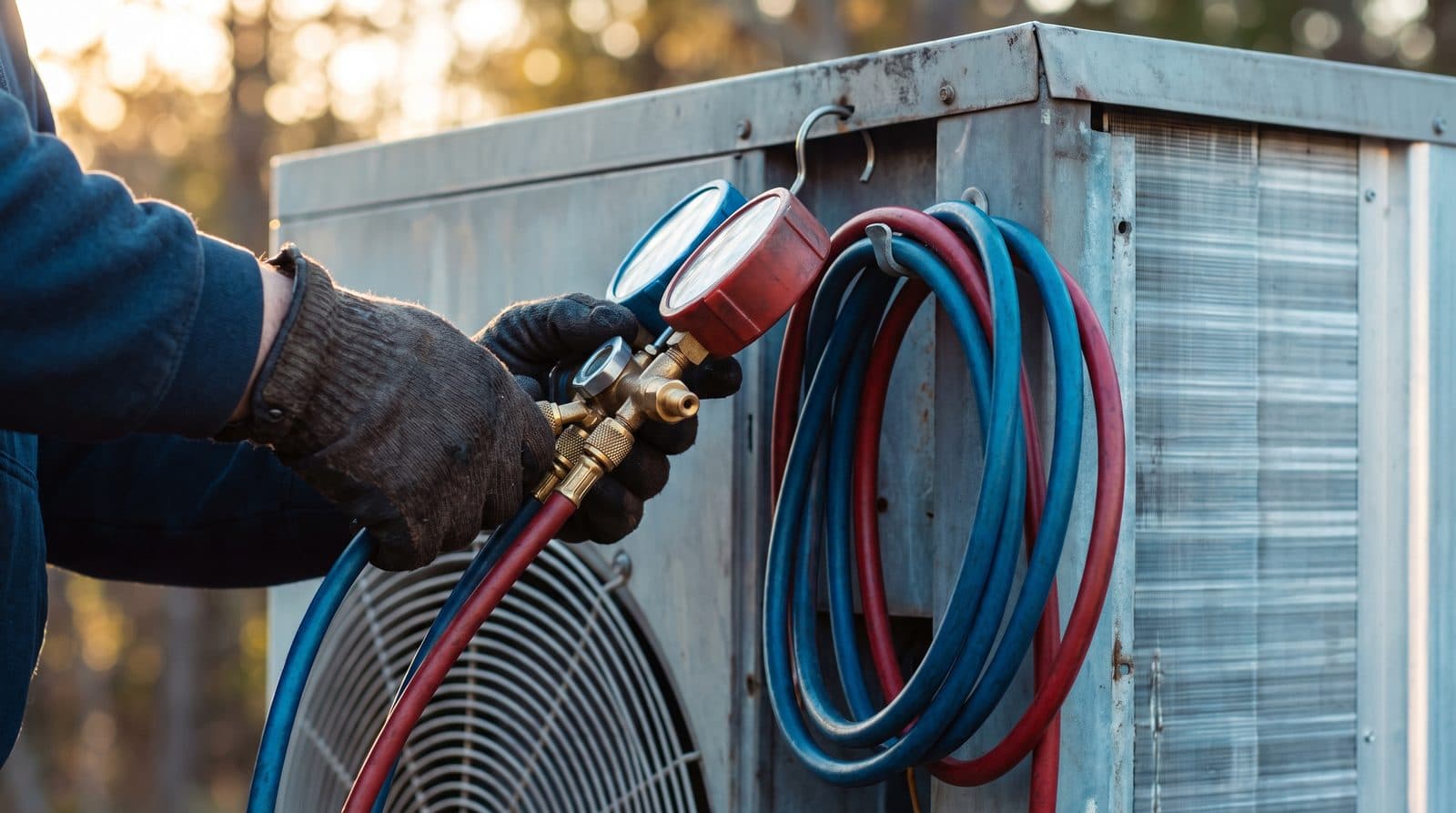 Manifold gauges connected to the service ports of an outdoor AC unit during a tune-up